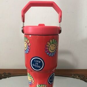 Life is Good Pink Tumbler with Smiley Flowers 🌼